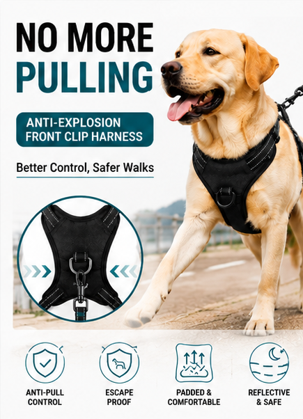No-Pull Front Clip Dog Harness – Adjustable, Escape-Proof & Reflective for Safe Walks