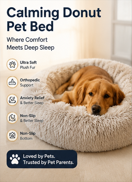 Luxury Donut Calming Pet Bed – Ultra Soft Plush Orthopedic Dog & Cat Bed | Anti-Anxiety Deep Sleep Sofa | Machine Washable, Non-Slip Bottom