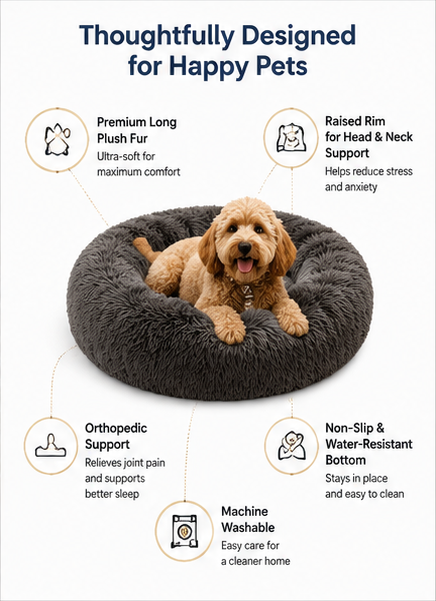 Luxury Donut Calming Pet Bed – Ultra Soft Plush Orthopedic Dog & Cat Bed | Anti-Anxiety Deep Sleep Sofa | Machine Washable, Non-Slip Bottom