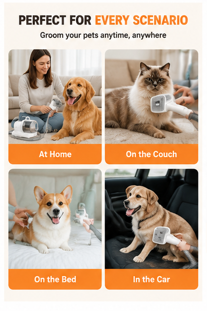 All-in-One Pet Grooming Vacuum Kit – Low Noise Dog & Cat Hair Removal Brush with Powerful Suction
